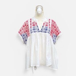 Velzera Embroidered Peasant Blouse in White w/Red & Blue Size Small